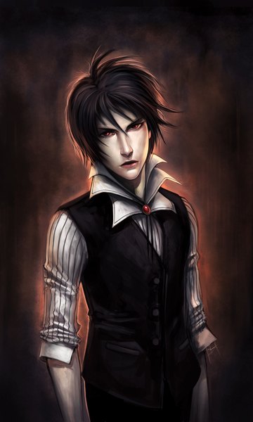 Anime picture 1024x1707 with original ninjatic single tall image looking at viewer short hair black hair red eyes dark background striped boy shirt vest