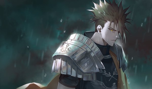 Anime picture 1600x941 with fate (series) fate/grand order achilles (fate) darkavey single short hair brown hair wide image signed yellow eyes looking away upper body profile rain spiked hair boy armor spaulder (spaulders)