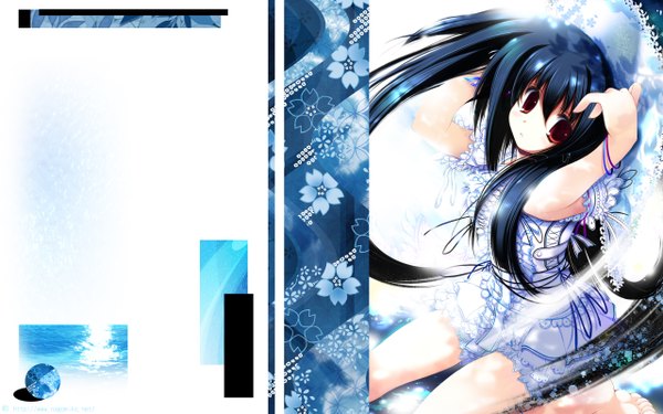 Anime picture 2560x1600 with long hair blush highres black hair red eyes wide image water