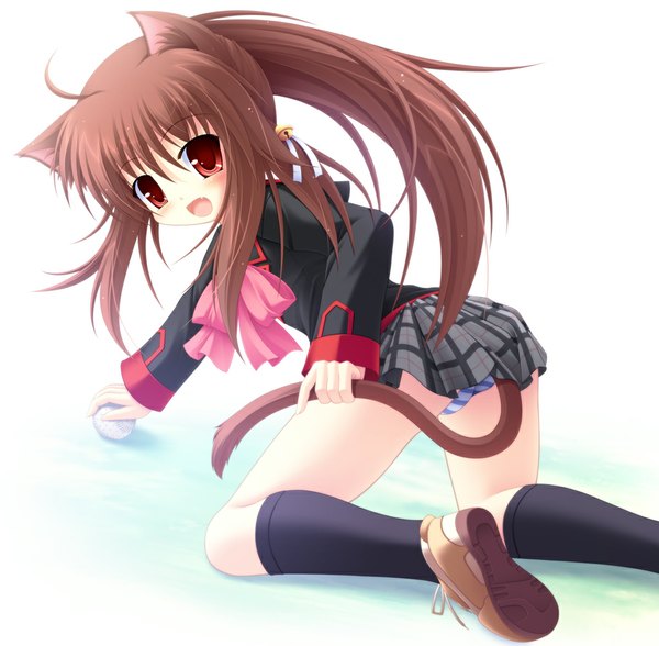 Anime picture 1023x1004 with little busters! key (studio) natsume rin yokuran single long hair blush open mouth light erotic red eyes brown hair animal ears ponytail cat ears cat girl cat tail pantyshot girl skirt uniform