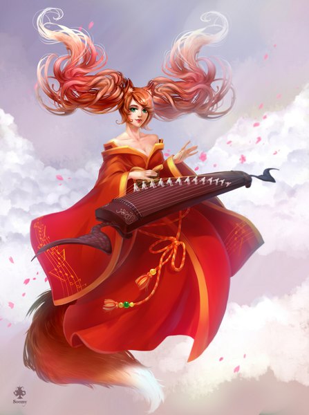 Anime picture 1490x2000 with league of legends sona buvelle single tall image looking at viewer breasts brown hair twintails bare shoulders animal ears sky cleavage cloud (clouds) tail traditional clothes aqua eyes lips fox ears fox tail playing instrument