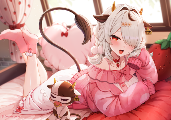Anime picture 900x630 with virtual youtuber indie virtual youtuber marota (character) marota single looking at viewer blush fringe short hair open mouth light erotic red eyes bare shoulders signed animal ears full body ahoge white hair indoors tail