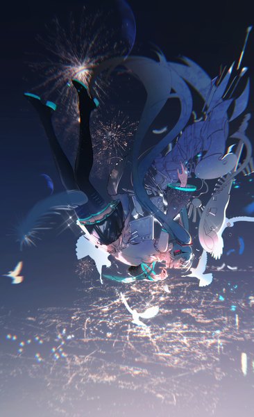 Anime picture 3140x5143 with vocaloid hatsune miku happy 16th birthday -dear creators- hatsune miku xixun single tall image highres twintails absurdres eyes closed very long hair pleated skirt aqua hair fireworks girl skirt detached sleeves miniskirt animal wings