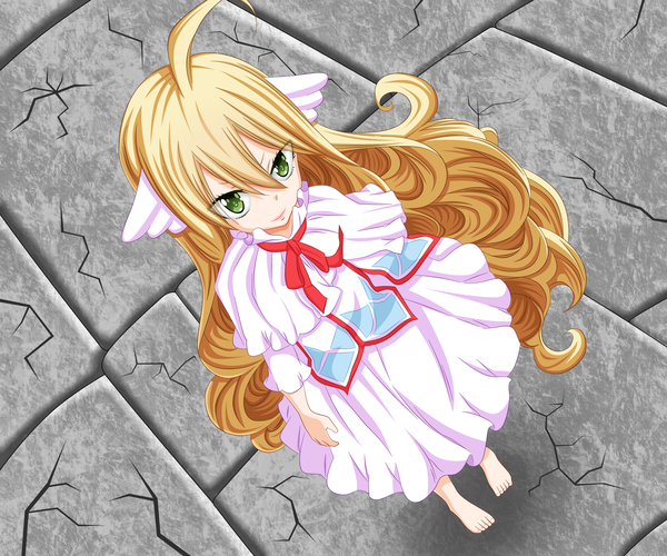 Anime picture 5400x4500 with fairy tail mavis vermillion osama00 single highres blonde hair smile green eyes absurdres ahoge very long hair barefoot from above lips loli coloring head wings girl dress wings