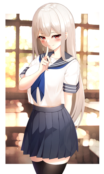 Anime picture 1000x1667 with original maemi (maemi12) single long hair tall image looking at viewer blush fringe smile red eyes standing silver hair head tilt pleated skirt border finger to mouth arm behind back hair over shoulder girl thighhighs