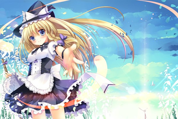 Anime picture 1184x794 with touhou kirisame marisa sousouman long hair blue eyes blonde hair smile braid (braids) light girl dress bow plant (plants) animal bird (birds) witch hat