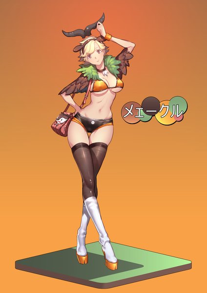 Anime picture 1131x1600 with pokemon moemon pokemon xy nintendo skiddo ryushin single tall image looking at viewer light erotic blonde hair simple background smile brown eyes horn (horns) hand on hip orange background girl thighhighs black thighhighs