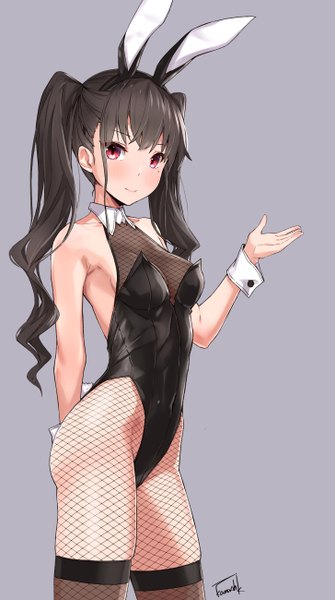 Anime picture 727x1300 with original takanashi kei (hitsujikan) single long hair tall image looking at viewer blush fringe breasts light erotic black hair simple background smile hair between eyes red eyes standing twintails signed animal ears payot