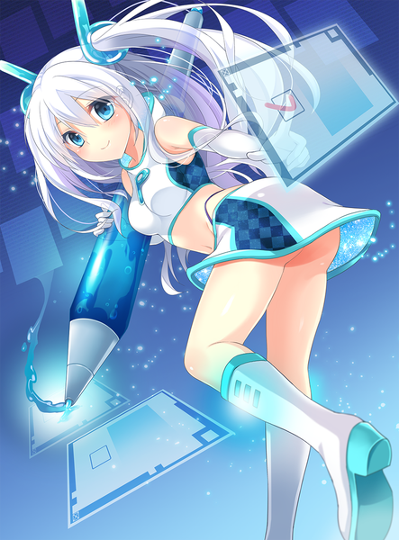 Anime-Bild 1000x1352 mit original pixiv-tan ikura nagisa single long hair tall image looking at viewer blush blue eyes light erotic smile silver hair girl skirt boots