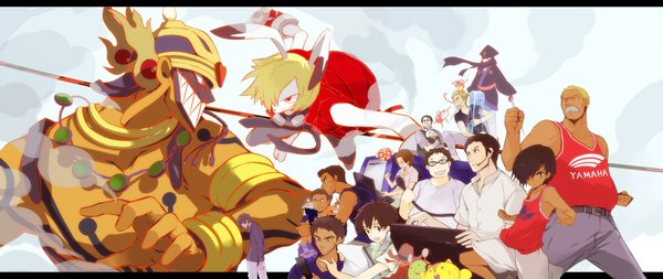 Anime picture 1992x843 with summer wars madhouse king kazuma ikezawa kazuma koiso kenji love machine jinnouchi wabisuke highres blonde hair red eyes wide image grin dark skin group everyone animal bunny