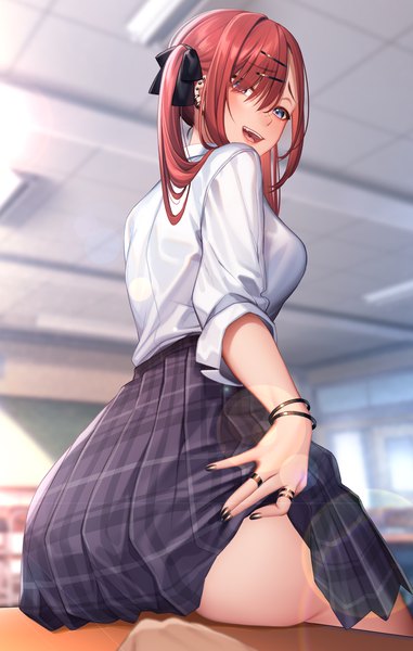 Anime-Bild 2160x3400 mit original nanafuton long hair tall image looking at viewer blush fringe highres breasts open mouth blue eyes light erotic smile large breasts sitting twintails ass red hair indoors nail polish