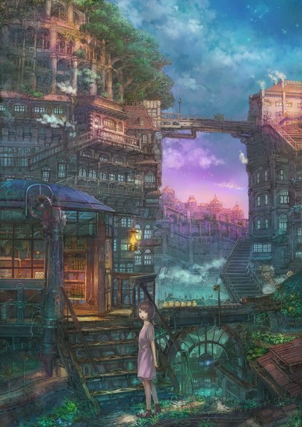 Anime picture 1446x2046 with original munashichi tall image short hair brown hair sky cloud (clouds) inscription city smoke old man detailed girl boy plant (plants) animal tree (trees) glasses bird (birds) building (buildings)