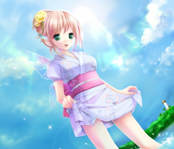 Anime picture 1200x1028 with pangya hana yuuki kira single short hair open mouth green eyes pink hair sky cloud (clouds) japanese clothes insect wings butterfly wings girl animal belt kimono bird (birds)