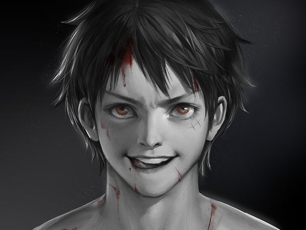 Anime picture 1000x750 with one piece toei animation monkey d. luffy shitsu soku k single short hair simple background realistic teeth orange eyes black background monochrome portrait looking up scar licking blood on face injury spot color boy