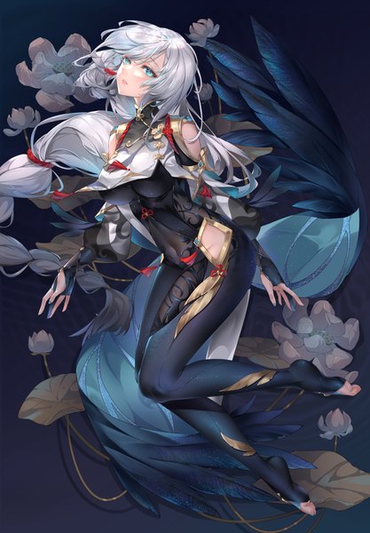 Anime picture 6000x8640 with genshin impact shenhe (genshin impact) melailai single tall image looking at viewer blush fringe highres breasts blue eyes light erotic large breasts absurdres silver hair full body bent knee (knees) braid (braids) very long hair nail polish