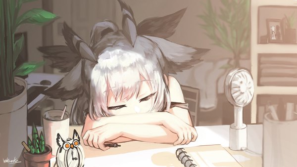 Anime picture 1920x1080 with arknights ptilopsis (arknights) libiadan single blush highres short hair wide image holding signed animal ears white hair indoors eyes closed sunlight sleeping covered mouth head rest girl plant (plants)
