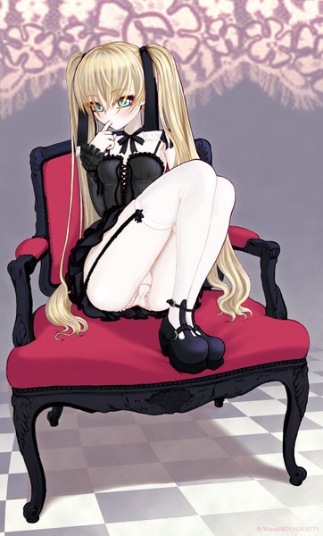 Anime picture 966x1600 with shaman king xebec marion phauna royalwatts single long hair tall image light erotic blonde hair sitting twintails green eyes looking away pantyshot finger to mouth checkered floor lolita fashion frilly skirt goth-loli gothic