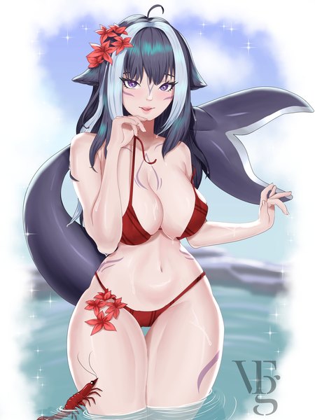 Anime-Bild 1500x2000 mit virtual youtuber indie virtual youtuber shylily valerifgarcia single long hair tall image looking at viewer blush breasts open mouth light erotic black hair large breasts standing purple eyes ahoge tail multicolored hair hair flower