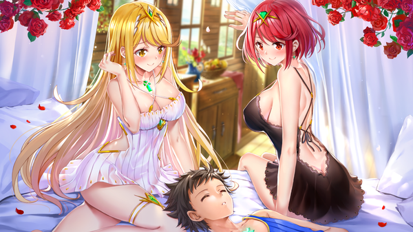 Anime picture 1920x1080 with xenoblade xenoblade 2 pyra (xenoblade) mythra (xenoblade) rex (xenoblade 2) swordsouls long hair blush fringe highres short hair breasts light erotic black hair blonde hair smile hair between eyes red eyes wide image large breasts
