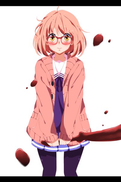 Anime picture 1175x1751 with kyoukai no kanata kyoto animation kuriyama mirai matias54 single tall image blush short hair simple background white background yellow eyes pink hair pleated skirt coloring girl skirt uniform weapon school uniform pantyhose