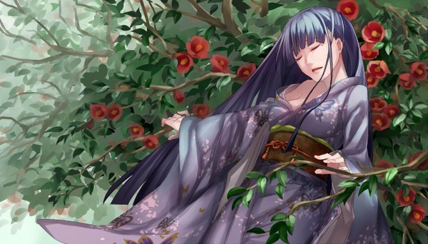 Anime picture 1260x720 with original nemeko single long hair open mouth wide image blue hair eyes closed japanese clothes mole mole under eye girl flower (flowers) plant (plants) tree (trees) kimono branch camellia (flower)