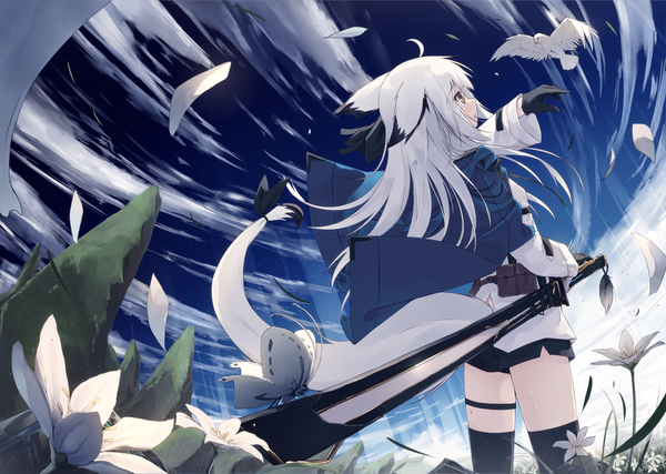 Anime picture 1551x1104 with original nagishiro mito single long hair open mouth standing animal ears yellow eyes sky cloud (clouds) ahoge white hair tail animal tail profile wind from behind fox ears fox tail fox girl