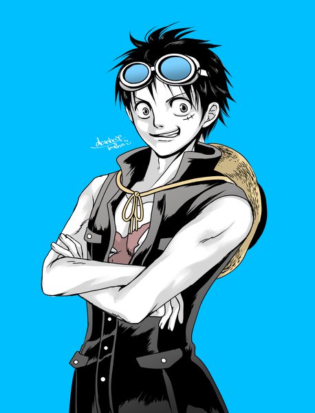 Anime-Bild 915x1200 mit one piece one piece film: gold toei animation monkey d. luffy danbat miho single tall image looking at viewer fringe short hair black hair simple background smile hair between eyes signed upper body grey eyes scar blue background crossed arms