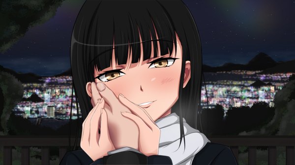 Anime picture 1600x900 with strike witches sakamoto mio long hair blush black hair smile wide image yellow eyes night cityscape girl scarf star (stars)