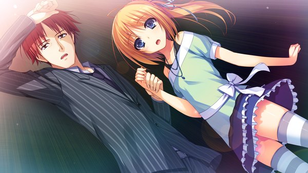 Anime picture 2560x1440 with reminiscence kizuna (reminiscence) tomose shunsaku highres open mouth blue eyes blonde hair brown hair wide image brown eyes game cg couple girl thighhighs dress boy striped thighhighs