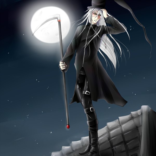 Anime picture 3000x3000 with kuroshitsuji a-1 pictures undertaker single long hair highres yellow eyes looking away white hair nail polish night boy hat boots moon scythe