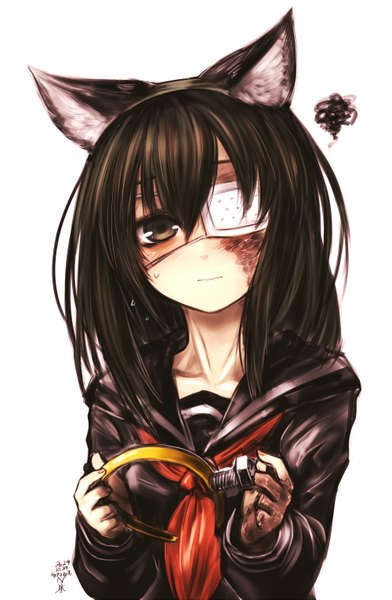 Anime picture 2000x3063 with original kotoba noriaki single long hair tall image looking at viewer highres black hair simple background white background signed animal ears black eyes cat ears sweat fake animal ears scar sweatdrop girl uniform