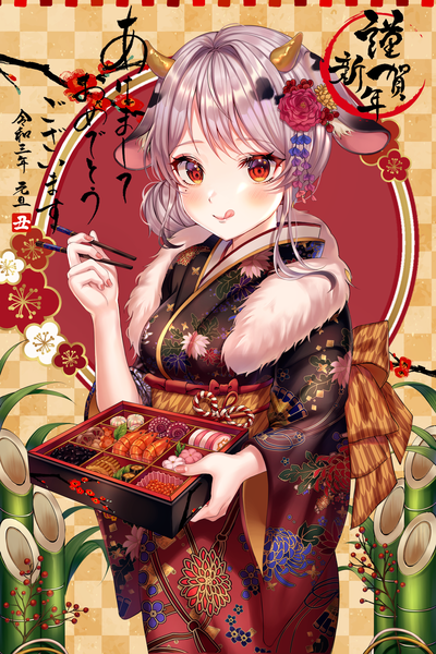 Anime picture 4724x7087 with original aina 156cm single tall image looking at viewer highres short hair smile red eyes animal ears absurdres traditional clothes japanese clothes horn (horns) grey hair floral print new year :q happy new year nengajou