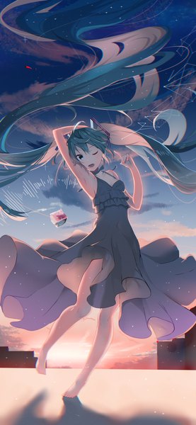 Anime picture 1271x2750 with vocaloid hatsune miku cac itinose single tall image looking at viewer open mouth twintails sky cloud (clouds) full body very long hair barefoot aqua eyes aqua hair bare legs sleeveless arm behind head ;d girl