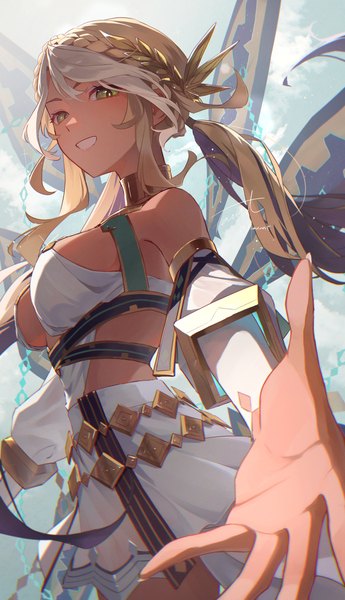 Anime-Bild 1447x2513 mit fate (series) fate/grand order andromeda (fate) andromeda (first ascension) (fate) fomnant single long hair tall image looking at viewer breasts light erotic blonde hair smile large breasts twintails green eyes multicolored hair streaked hair grin low twintails