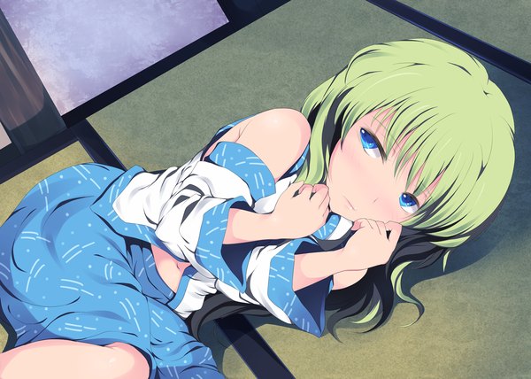 Anime picture 1900x1357 with touhou kochiya sanae xjr1250 single long hair highres blue eyes lying green hair girl skirt navel detached sleeves skirt set tatami