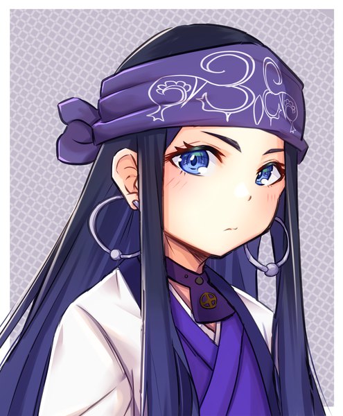 Anime picture 1280x1551 with golden kamuy asirpa reitency single long hair tall image looking at viewer blush blue eyes black hair upper body traditional clothes grey background border outside border ainu clothes girl earrings hairband hoop earrings