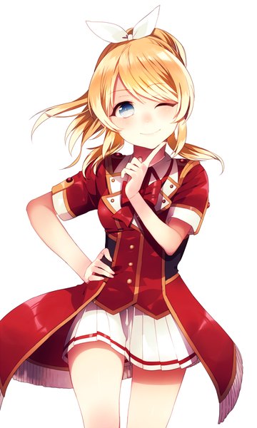 Anime picture 1273x2118 with love live! school idol project sunrise (studio) love live! ayase eli akizuki mizuho (artist) single long hair tall image looking at viewer blush blue eyes blonde hair smile ponytail pleated skirt one eye closed wink short sleeves hand on hip girl