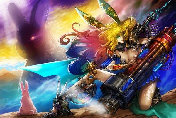 Anime picture 2000x1351 with original morechand long hair highres breasts open mouth blonde hair red eyes green eyes blue hair pink hair cloud (clouds) multicolored hair girl weapon bracelet armor gun fur bunny