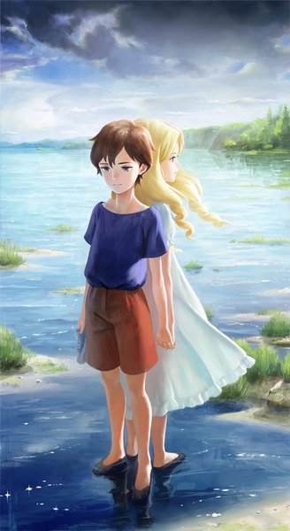 Anime picture 560x1024 with omoide no marnie studio ghibli marnie anna (omoide no marnie) arata yokoyama long hair tall image fringe short hair blue eyes blonde hair smile brown hair standing multiple girls holding looking away sky outdoors barefoot