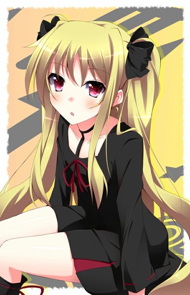 Anime picture 600x931 with mahou shoujo lyrical nanoha fate testarossa kurono yuzuko single long hair tall image looking at viewer blush fringe open mouth blonde hair red eyes sitting twintails from above girl dress ribbon (ribbons) hair ribbon black dress