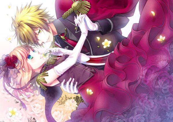 Anime picture 1415x1000 with amnesia idea factory heroine (amnesia) toma (amnesia) ymk blush short hair blonde hair yellow eyes pink hair aqua eyes couple girl dress boy gloves hair ornament flower (flowers) petals necktie