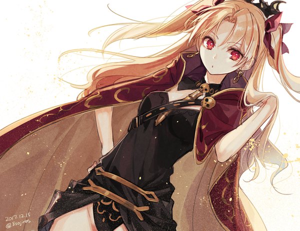 Anime picture 1714x1321 with fate (series) fate/grand order ereshkigal (fate) amaichi esora single long hair highres light erotic simple background blonde hair red eyes white background signed two side up hand on hip twitter username adjusting hair dated girl bow