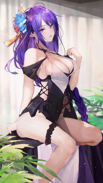 Anime picture 1471x2600 with genshin impact raiden shogun panipo2501 single tall image looking at viewer blush fringe breasts open mouth light erotic large breasts sitting purple eyes purple hair bent knee (knees) indoors blunt bangs braid (braids) very long hair