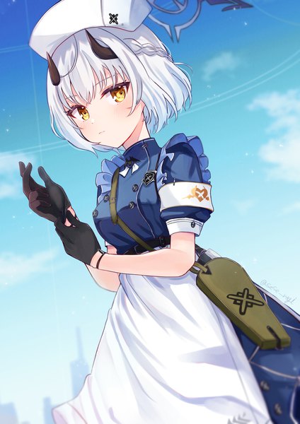 Anime picture 1132x1600 with blue archive sena (blue archive) sese nagi single tall image looking at viewer short hair signed yellow eyes sky white hair horn (horns) twitter username half updo adjusting gloves girl gloves black gloves halo armband