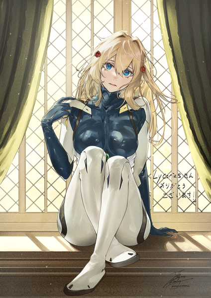 Anime picture 1061x1500 with neon genesis evangelion violet evergarden kyoto animation gainax violet evergarden (character) fadingz single long hair tall image looking at viewer fringe breasts blue eyes light erotic blonde hair hair between eyes large breasts sitting full body bent knee (knees)