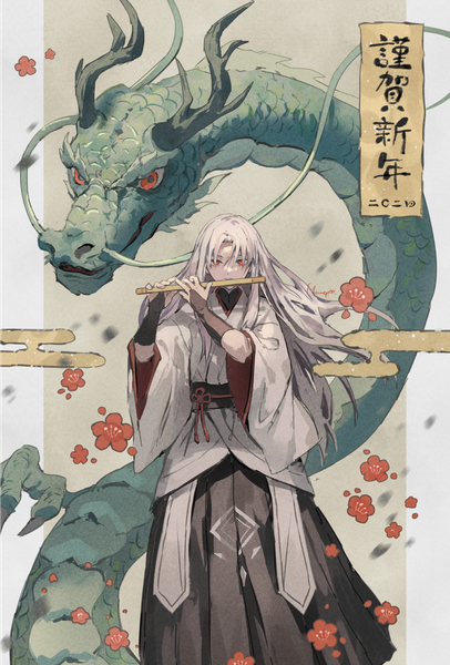 Anime picture 1232x1820 with original memeppo single long hair tall image looking at viewer red eyes silver hair traditional clothes japanese clothes new year fantasy playing instrument nengajou egasumi 2024 boy musical instrument bridal gauntlets dragon