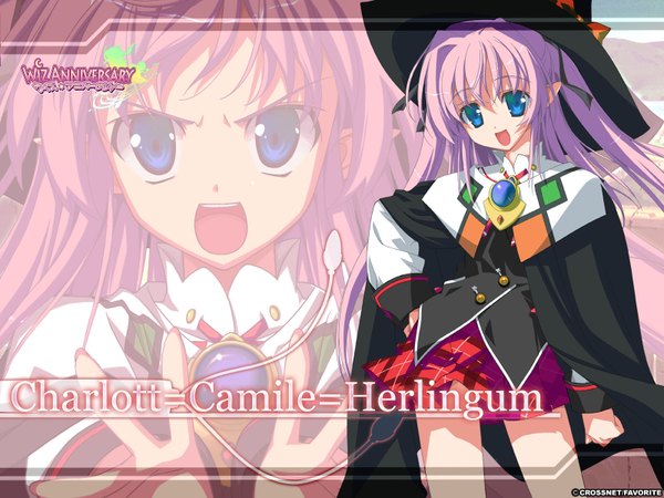 Anime picture 1600x1200 with wiz anniversary charlott camile herlingum long hair open mouth blue eyes pink hair pointy ears zoom layer girl skirt uniform ribbon (ribbons) hair ribbon school uniform witch hat brooch