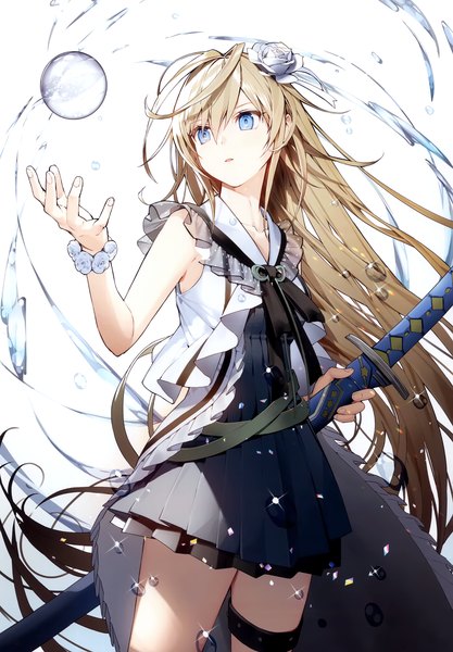 Anime picture 2409x3465 with original kitada mo single tall image fringe highres blue eyes simple background blonde hair hair between eyes standing looking away very long hair arm up hair flower sparkle turning head sheathed girl dress