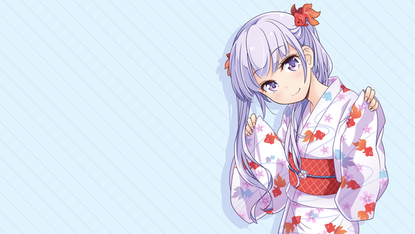 Anime picture 3840x2160 with new game! doga kobo suzukaze aoba tokunou shoutarou dekodere single long hair looking at viewer highres smile wide image purple eyes twintails absurdres purple hair long sleeves traditional clothes head tilt japanese clothes wallpaper