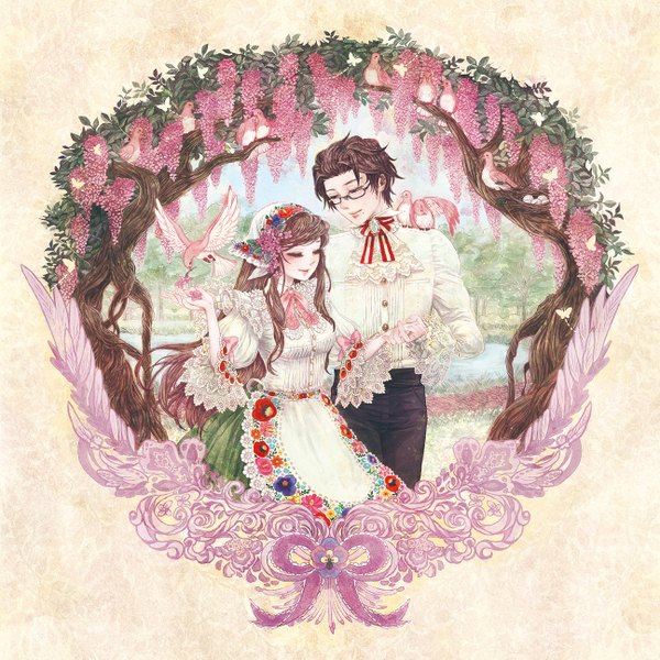 Anime picture 1295x1295 with axis powers hetalia studio deen austria (hetalia) hungary (hetalia) takatora brown hair eyes closed traditional clothes hair flower mole couple floral print holding hands girl boy hair ornament flower (flowers) bow ribbon (ribbons) plant (plants)